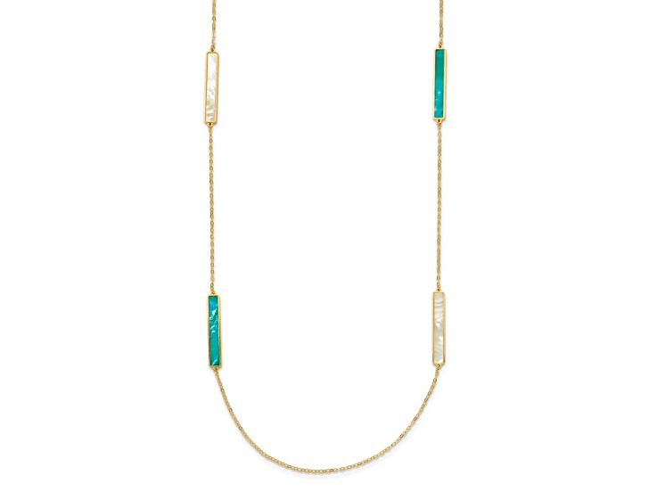14K Yellow Gold Teal and White Color Mother Of Pearl Bar 34 Inch Necklace