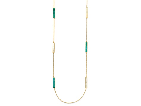 14K Yellow Gold Teal and White Color Mother Of Pearl Bar 34 Inch Necklace