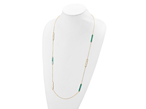 14K Yellow Gold Teal and White Color Mother Of Pearl Bar 34 Inch Necklace