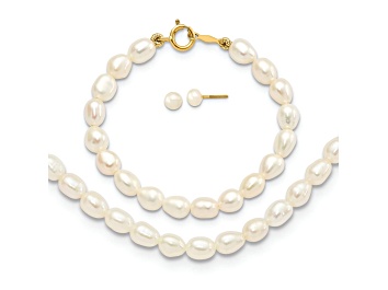 Picture of 14K Yellow Gold White Freshwater Cultured Pearl 12 Inch Necklace, 4 Inch Bracelet and Earring Set