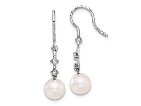 Rhodium Over 14K White Gold 7-8mm white Akoya Cultured Pearl 0.04ctw Diamond Shepherd Hook Earrings