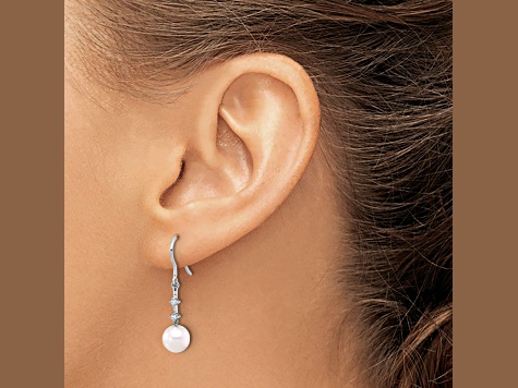 Rhodium Over 14K White Gold 7-8mm white Akoya Cultured Pearl 0.04ctw Diamond Shepherd Hook Earrings
