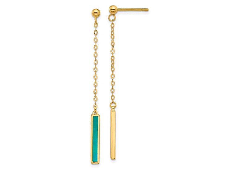 14K Yellow Gold Teal Color MOP Bar Dangle Post Earrings