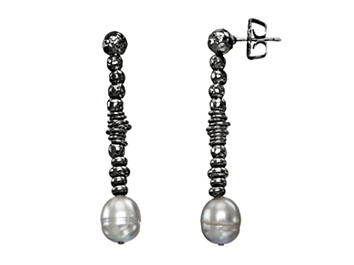 Picture of Gray Freshwater Pearl and Black Rhodium Over Sterling Silver Beaded Design Drop Earrings
