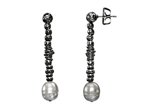 Gray Freshwater Pearl and Black Rhodium Over Sterling Silver Beaded Design Drop Earrings