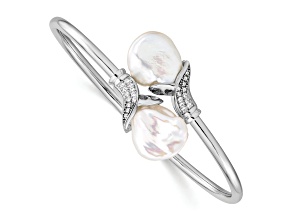 Rhodium Over Sterling Silver 16-17mm White Keshi Freshwater Cultured Pearl CZ Flexible Bangle