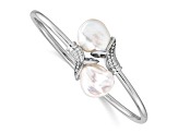 Rhodium Over Sterling Silver 16-17mm White Keshi Freshwater Cultured Pearl CZ Flexible Bangle