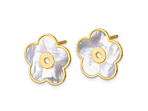 14K Yellow Gold Mother of Pearl Flower Post Earrings