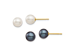 10k Yellow Gold 6-7mm White and Black Round Freshwater Cultured Pearl 2 pair Stud Earrings Set