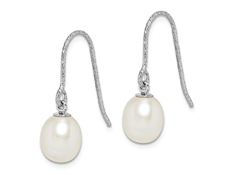 Rhodium Over Sterling Silver  Polished Diamond-cut 6-7mm Freshwater Cultured Pearl Dangle Earrings