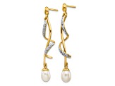 14K Yellow Gold 7x5mm White Teardrop Freshwater Cultured Pearl 0.01ct Diamond Dangle Earrings