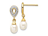 14K Yellow Gold 7x5mm White Teardrop Freshwater Cultured Pearl 0.01ct Diamond Dangle Earrings