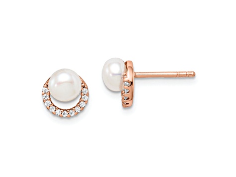 Sterling Silver Rose-tone with Freshwater Cultured Pearl and Cubic Zirconia Earrings