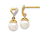 14K Yellow Gold 6-7mm Round Freshwater Cultured Pearl 0.01ct Heart Diamond Dangle Earrings