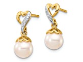 14K Yellow Gold 6-7mm Round Freshwater Cultured Pearl 0.01ct Heart Diamond Dangle Earrings