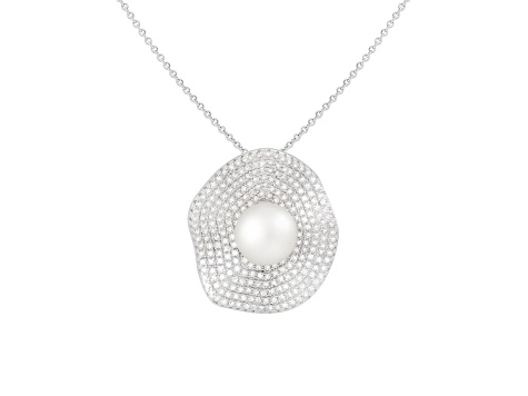 9-10mm Button White Cultured Freshwater Pearl and CZ Rhodium Over Sterling Silver Pendant