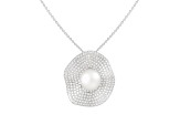 9-10mm Button White Cultured Freshwater Pearl and CZ Rhodium Over Sterling Silver Pendant