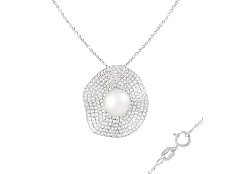 9-10mm Button White Cultured Freshwater Pearl and CZ Rhodium Over Sterling Silver Pendant