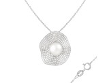 9-10mm Button White Cultured Freshwater Pearl and CZ Rhodium Over Sterling Silver Pendant