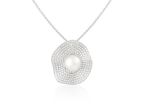 9-10mm Button White Cultured Freshwater Pearl and CZ Rhodium Over Sterling Silver Pendant