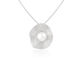 9-10mm Button White Cultured Freshwater Pearl and CZ Rhodium Over Sterling Silver Pendant