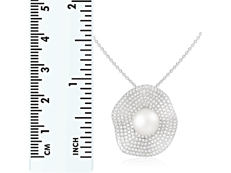 9-10mm Button White Cultured Freshwater Pearl and CZ Rhodium Over Sterling Silver Pendant