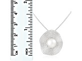 9-10mm Button White Cultured Freshwater Pearl and CZ Rhodium Over Sterling Silver Pendant