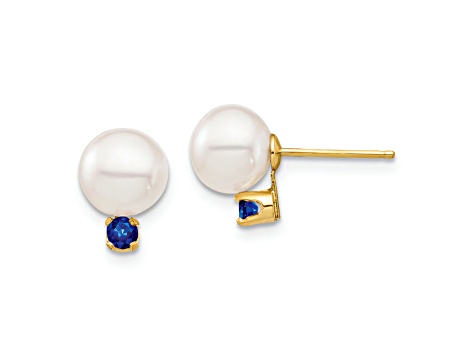 14K Yellow Gold 7-7.5mm White Round Freshwater Cultured Pearl Sapphire Post Earrings