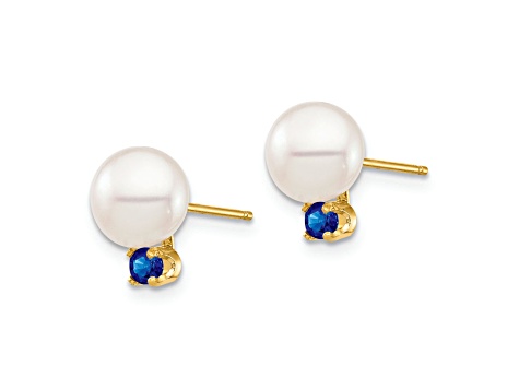 14K Yellow Gold 7-7.5mm White Round Freshwater Cultured Pearl Sapphire Post Earrings
