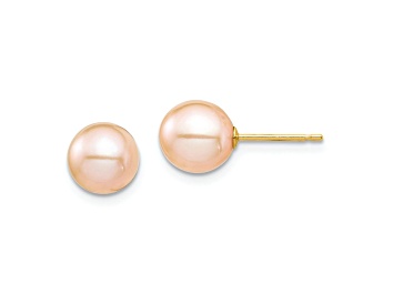 Picture of 14k Yellow Gold Children's 7-8mm Pink Round Freshwater Cultured Pearl Stud Earrings