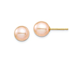 14k Yellow Gold Children's 7-8mm Pink Round Freshwater Cultured Pearl Stud Earrings