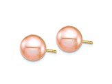 14k Yellow Gold Children's 7-8mm Pink Round Freshwater Cultured Pearl Stud Earrings