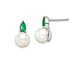 Rhodium Over 14K White Gold Freshwater Cultured Pearl and Emerald Post Earrings