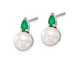 Rhodium Over 14K White Gold Freshwater Cultured Pearl and Emerald Post Earrings