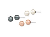 Rhodium Over Sterling Silver 10-11mm White/Pink/Black Imitaion Shell Pearl Earring Set