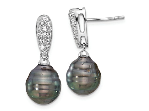 Rhodium Over Sterling Silver Black Tahitian Pearl and Cubic Zirconia Dangle Earrings