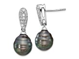 Rhodium Over Sterling Silver Black Tahitian Pearl and Cubic Zirconia Dangle Earrings