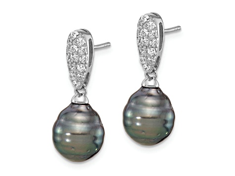 Rhodium Over Sterling Silver Black Tahitian Pearl and Cubic Zirconia Dangle Earrings