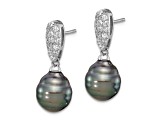 Rhodium Over Sterling Silver Black Tahitian Pearl and Cubic Zirconia Dangle Earrings