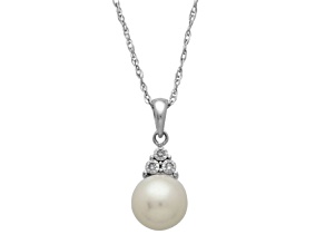 8-8.5mm Round White Freshwater Pearl with Diamond Accents Sterling Silver Drop Pendant with Chain