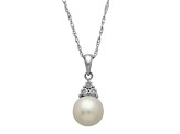 8-8.5mm Round White Freshwater Pearl with Diamond Accents Sterling Silver Drop Pendant with Chain
