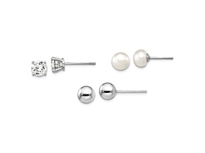 Rhodium Over Sterling Silver Ball/ 6-7mm Button Freshwater Cultured Pearl/CZ Stud Ear Set