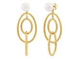 8-8.5mm Round White Freshwater Pearl 14K Yellow Gold Graduated Oval Dangle Style Earrings