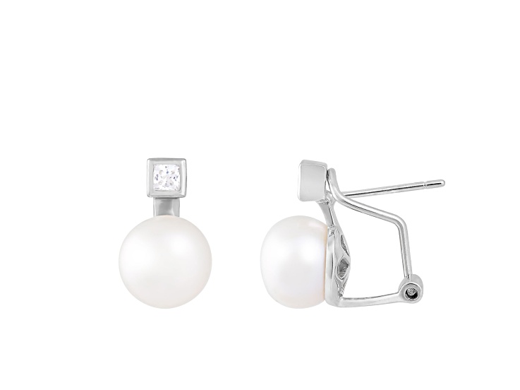 8.5-9mm White Cultured Freshwater Pearl and Cubic Zirconia Rhodium Over Sterling Silver Earrings