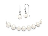 Rhodium Over Sterling Silver 7-8mm White Freshwater Cultured Pearl Earring/Necklace Set