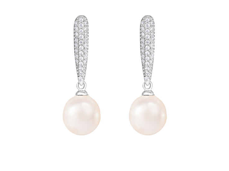 8-9mm White Cultured Freshwater Pearl and Cubic Zirconia Rhodium Over Sterling Silver Earrings