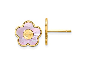 14K Yellow Gold Burgundy/White Mother of Pearl Flower Post Earrings