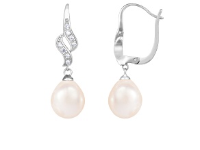 7-7½mm White Cultured Freshwater Pearl and Cubic Zirconia Rhodium Over Sterling Silver Earrings