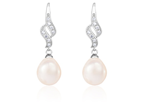 7-7½mm White Cultured Freshwater Pearl and Cubic Zirconia Rhodium Over Sterling Silver Earrings