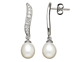 8-9mm Off-Round White Freshwater Pearl and White Sapphire Sterling Silver Drop Earrings